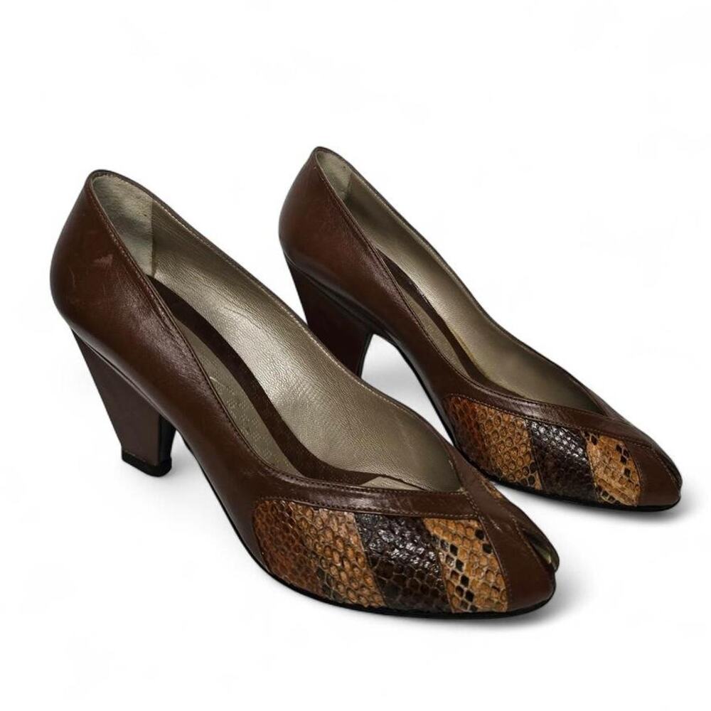 Vintage Emeli Rodin Brown Leather/Snake Skin Peep Toe Heels Size 41